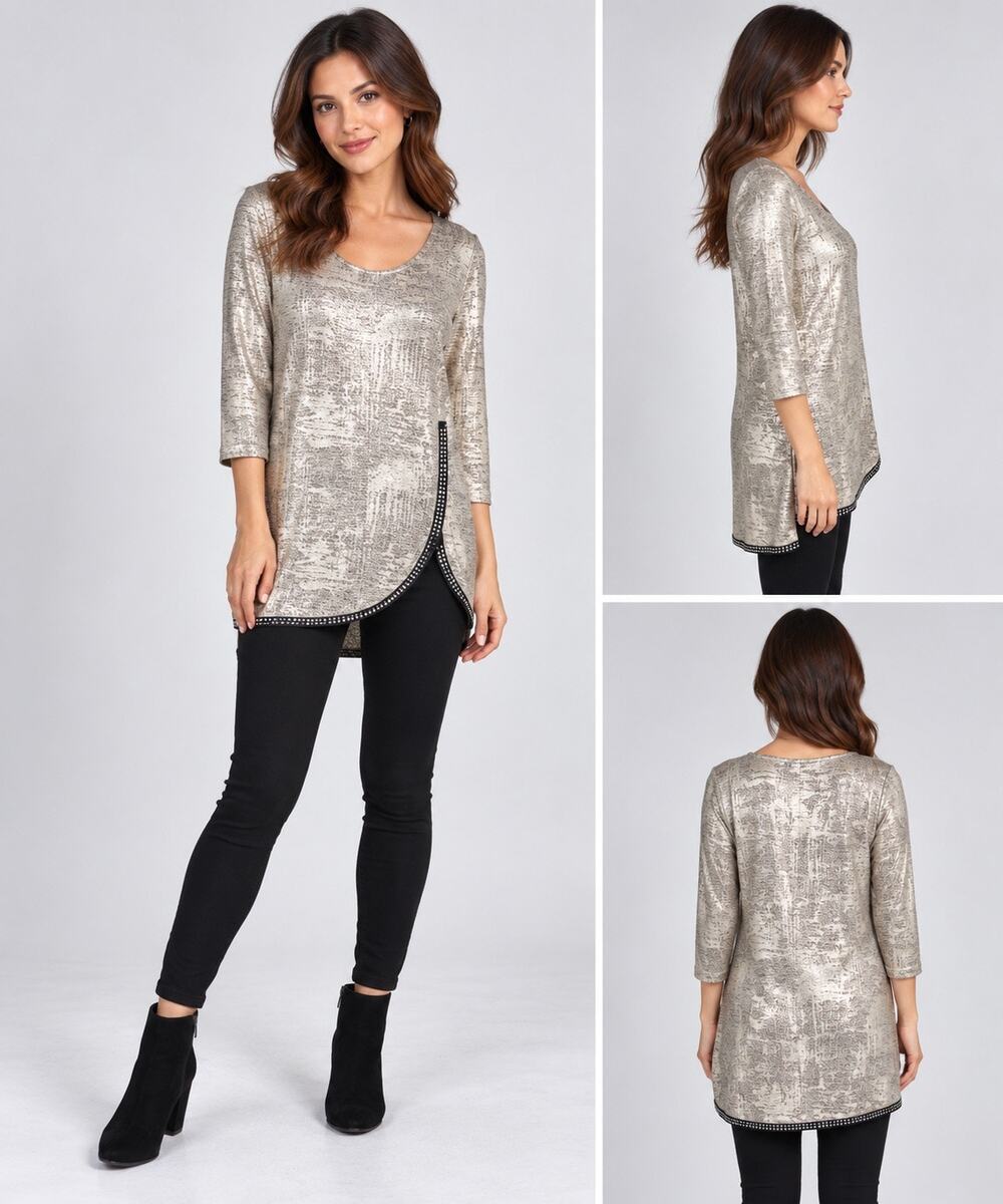 JM Collection Womens Blouse Top Space Dye Zipper Metallic Gold Foil Petite Small